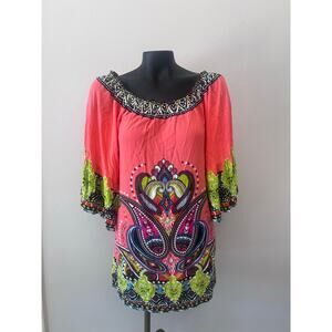 Flying Tomato Coral Print Tunic Top  Short Dress Cover Up Rayon Women’s L Summer